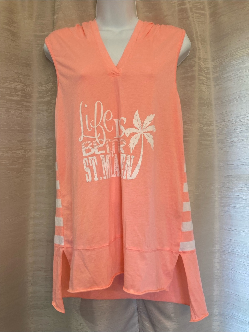 Kavio Sleeveless Hooded Tunic “Life Is Better In St. Maarten”,  Coral Pink